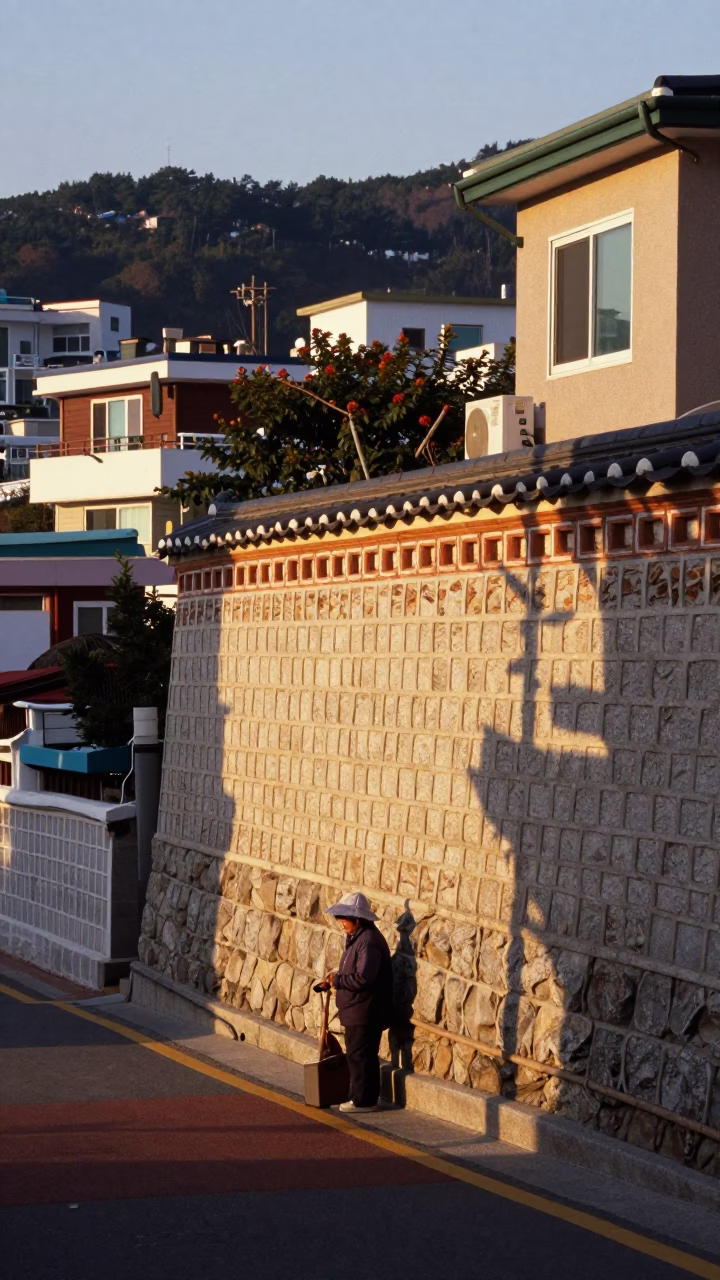 Morning Light on Busan Stone Wall with Local Street Vendor Scene in in Busan, South Korea