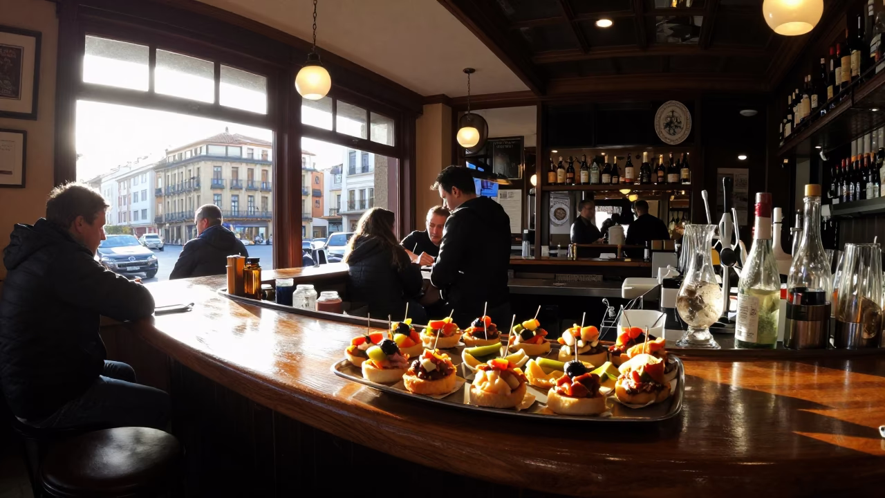 Morning Light on Busy Bilbao Bar Counter with Spanish Pintxos and Ceramic Bowls in in Bilbao, Spain