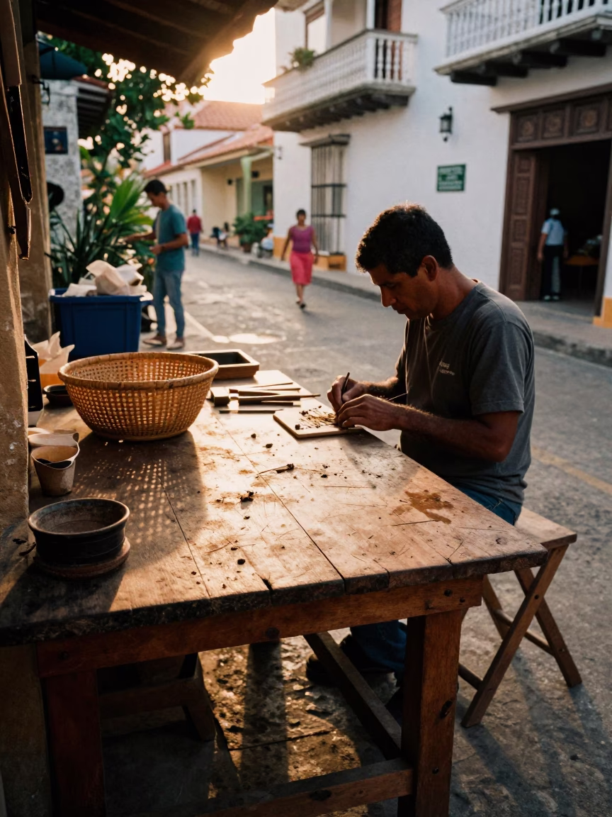 Morning Light on Busy Cartagena Workbench with Local Artisans and Tools in in Cartagena, Colombia