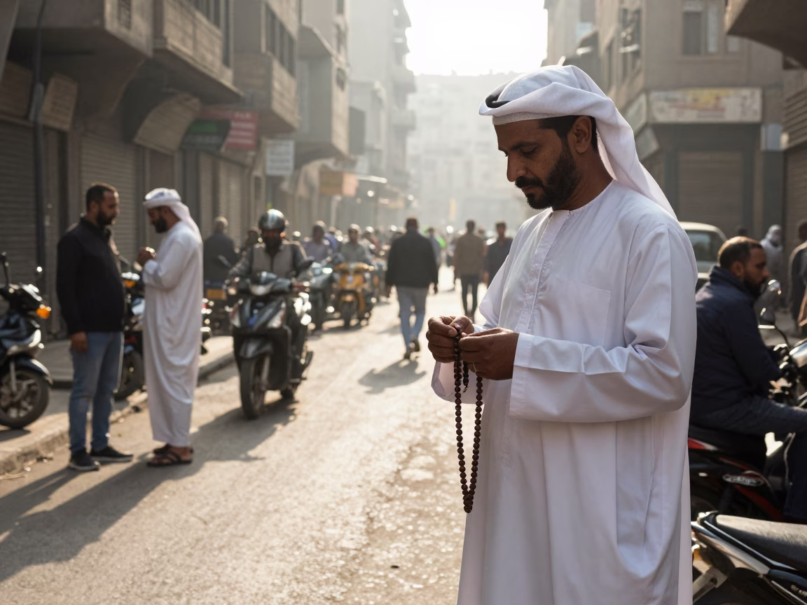 Morning Light on Cairo Street with Prayer Beads and Local Market Details in in Cairo, Egypt