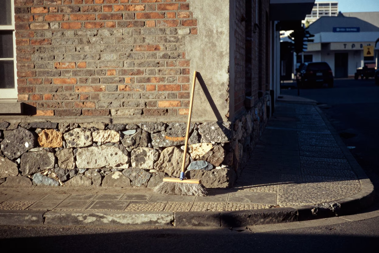 Morning Light on Cape Town Street Corner with Dust Mop and Drain in in Cape Town, South Africa