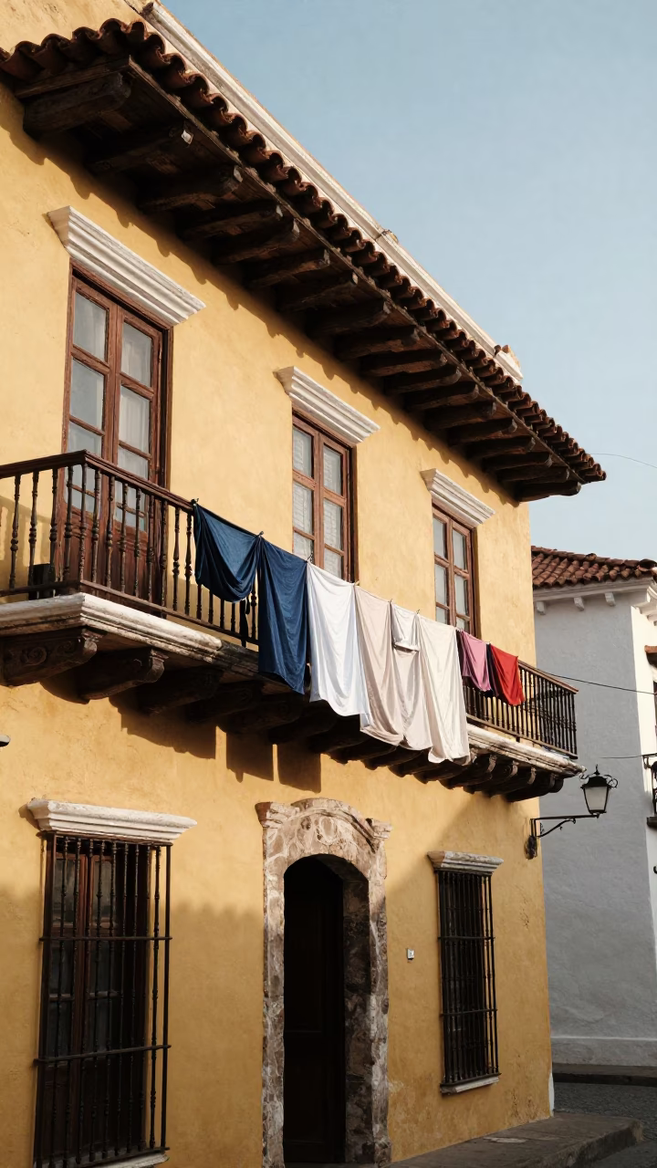 Morning light on Cartagena colonial balcony with hanging laundry and potted zinnias in in Cartagena, Colombia