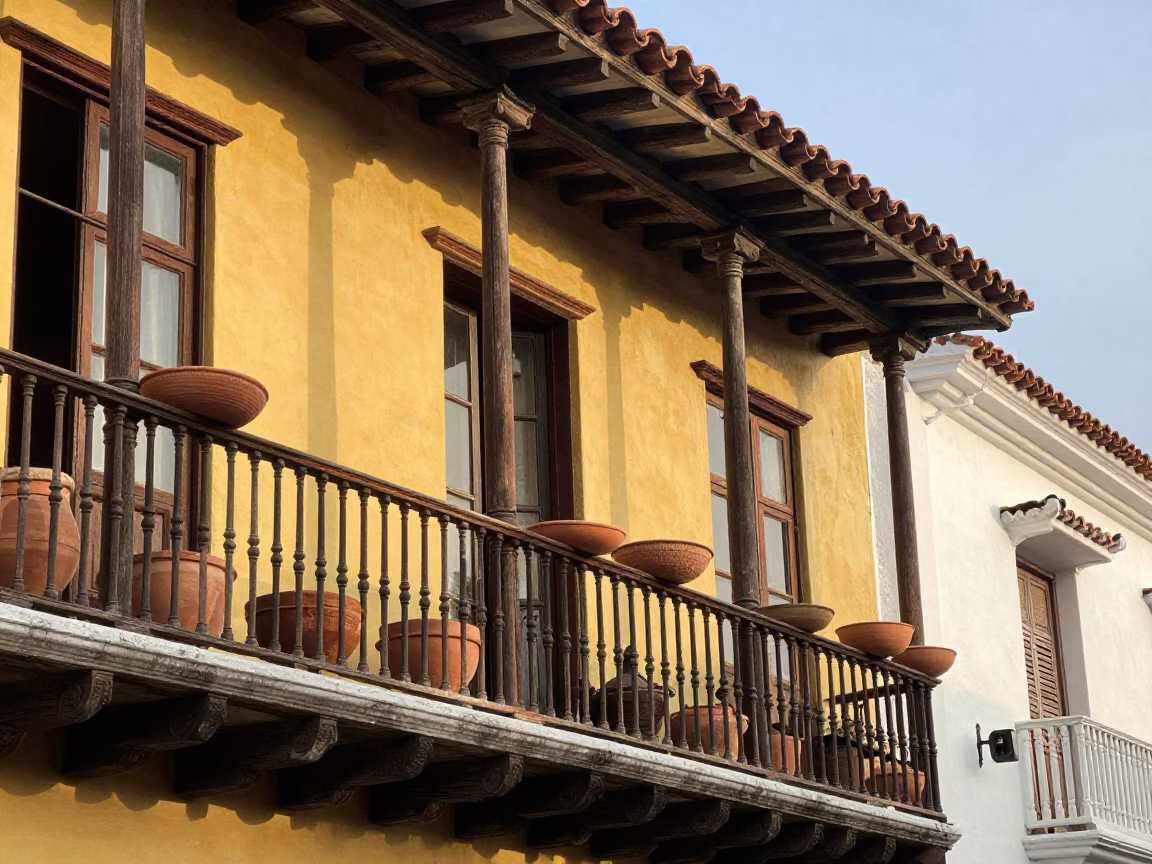 Morning light on Cartagena colonial balcony with terracotta bowls and bell in in Cartagena, Colombia