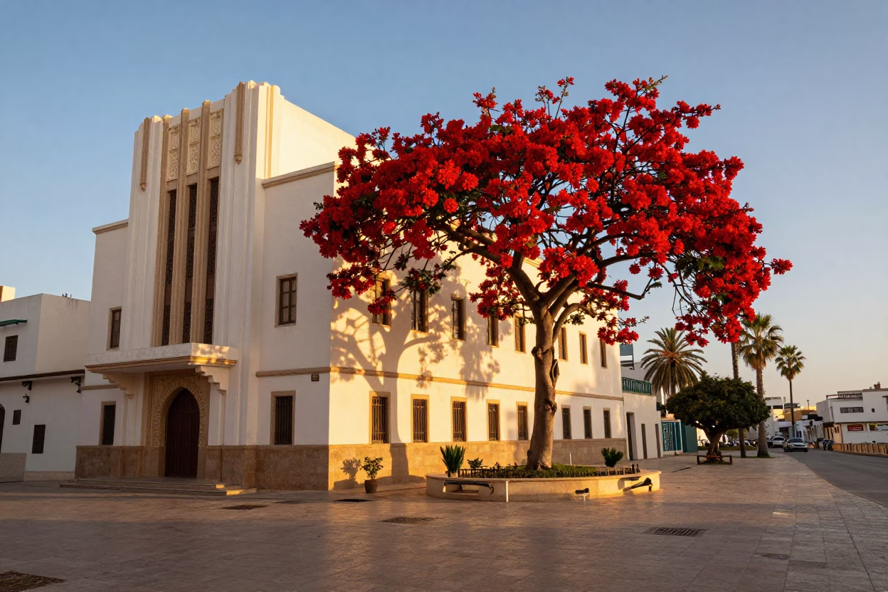 Morning Light on Casablanca Architecture with Red Flame Tree Bloom and Cypress Trees in in Casablanca, Morocco