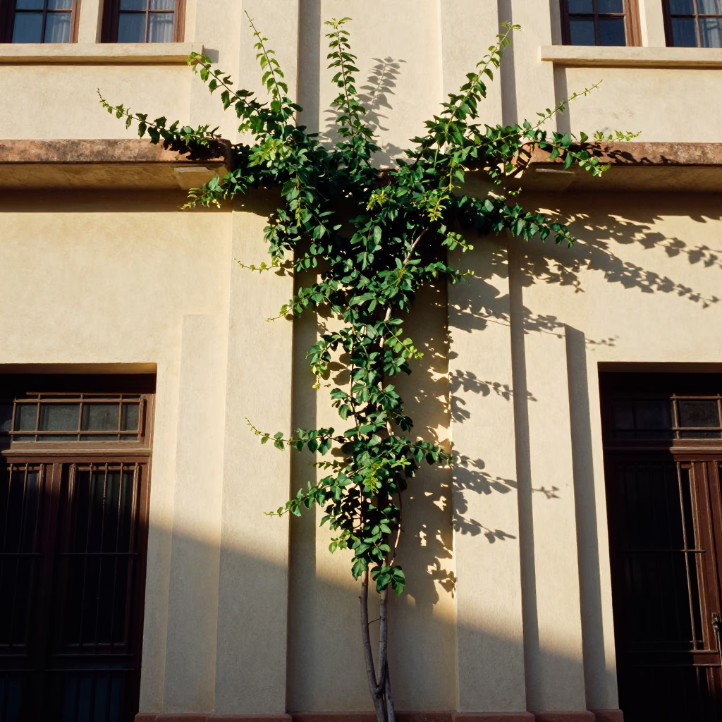 Morning Light on Casablanca Art Deco Facade with Vine and Gate Handle in in Casablanca, Morocco