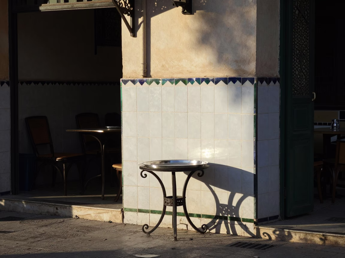 Morning Light on Casablanca Corniche Street Scene with Local Vendor and Traditional Tea in in Casablanca, Morocco