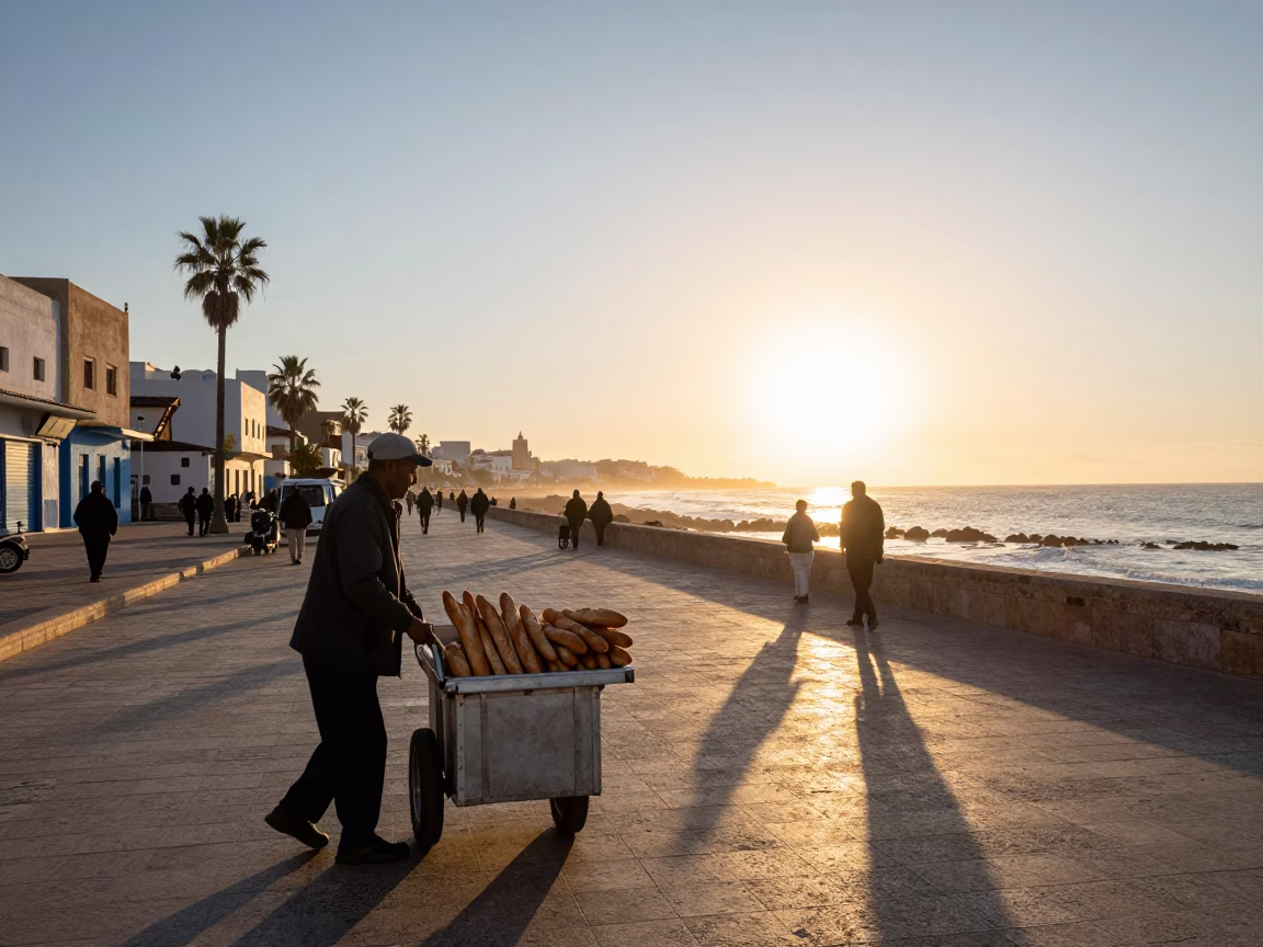Morning Light on Casablanca Corniche Street Scene with Local Vendor and Vintage Car in in Casablanca, Morocco