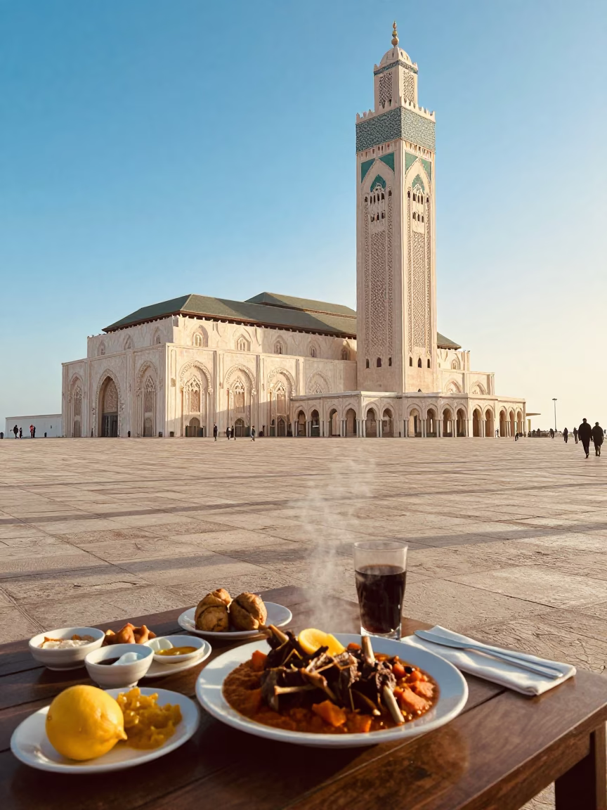 Morning Light on Casablanca Corniche with Traditional Breakfast and Chess Game in in Casablanca, Morocco
