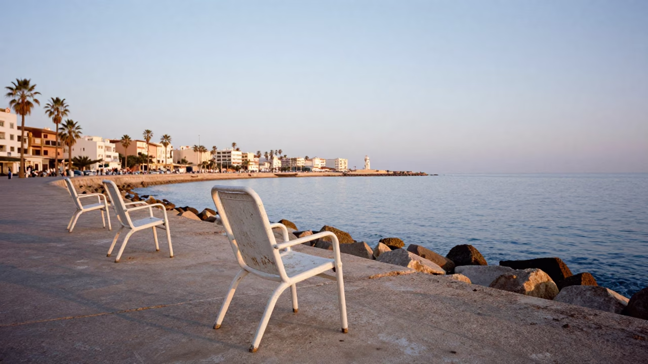 Morning light on Casablanca Corniche with weathered deck chairs overlooking Atlantic Ocean in in Casablanca, Morocco