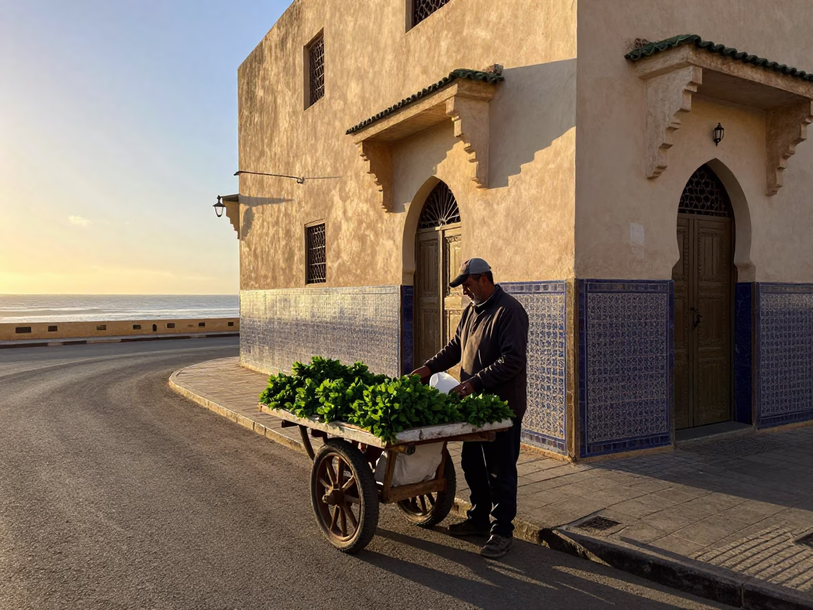Morning Light on Casablanca Street Corner with Local Vendor and Fresh Herbs in in Casablanca, Morocco