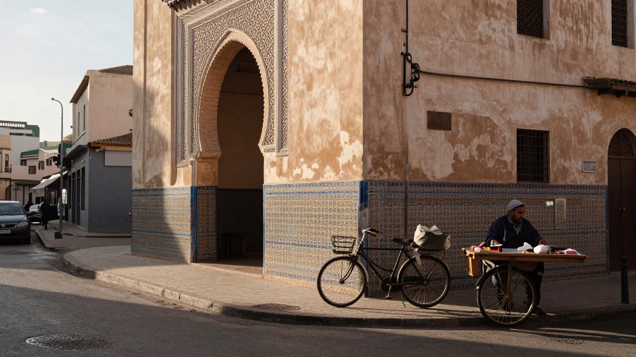 Morning light on Casablanca street corner with vintage bicycle and newspaper vendor in in Casablanca, Morocco