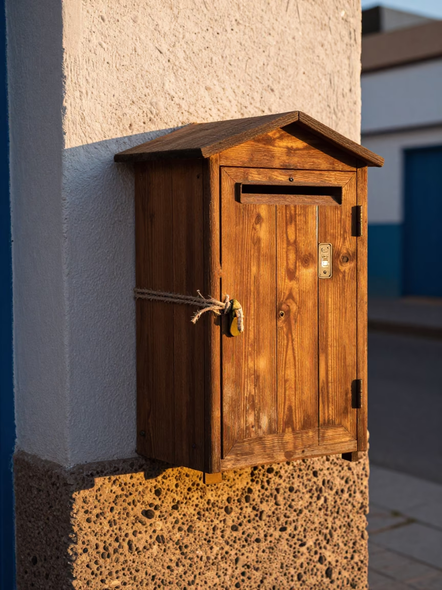 Morning Light on Casablanca Street Corner with Wooden Mailbox and Twine in in Casablanca, Morocco
