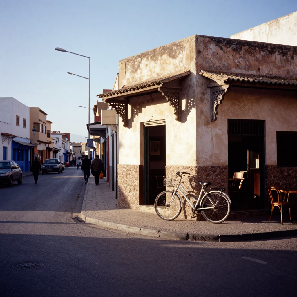 Morning light on Casablanca street with bicycle and local vendor in in Casablanca, Morocco