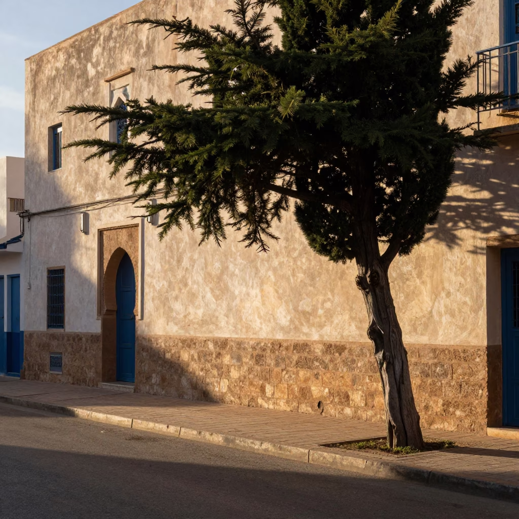 Morning Light on Casablanca Street with Twisted Cedar and Leaf Shadows in in Casablanca, Morocco