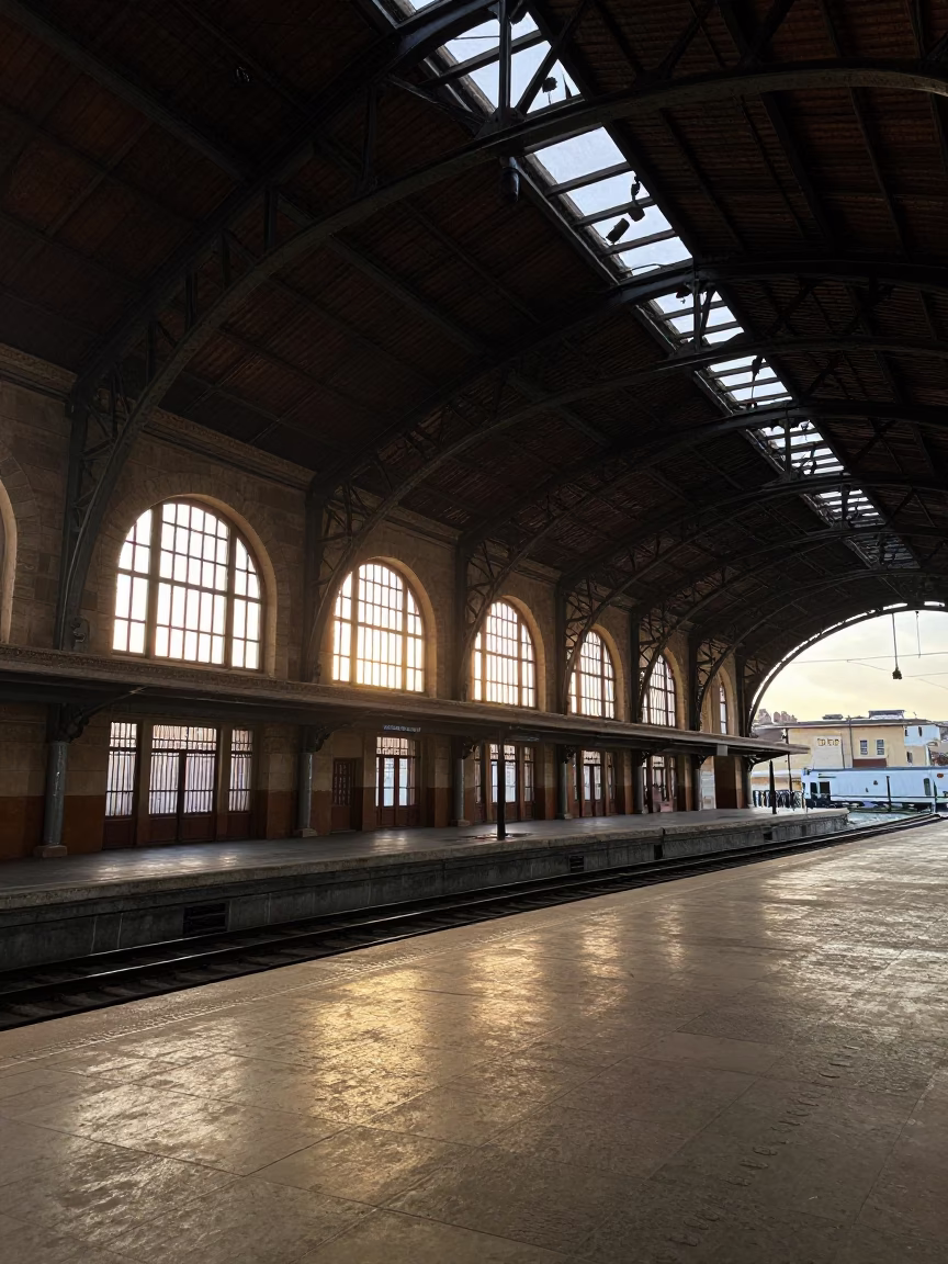 Morning Light on Casablanca Train Station Platform with Iron Roof and Clock in in Casablanca, Morocco