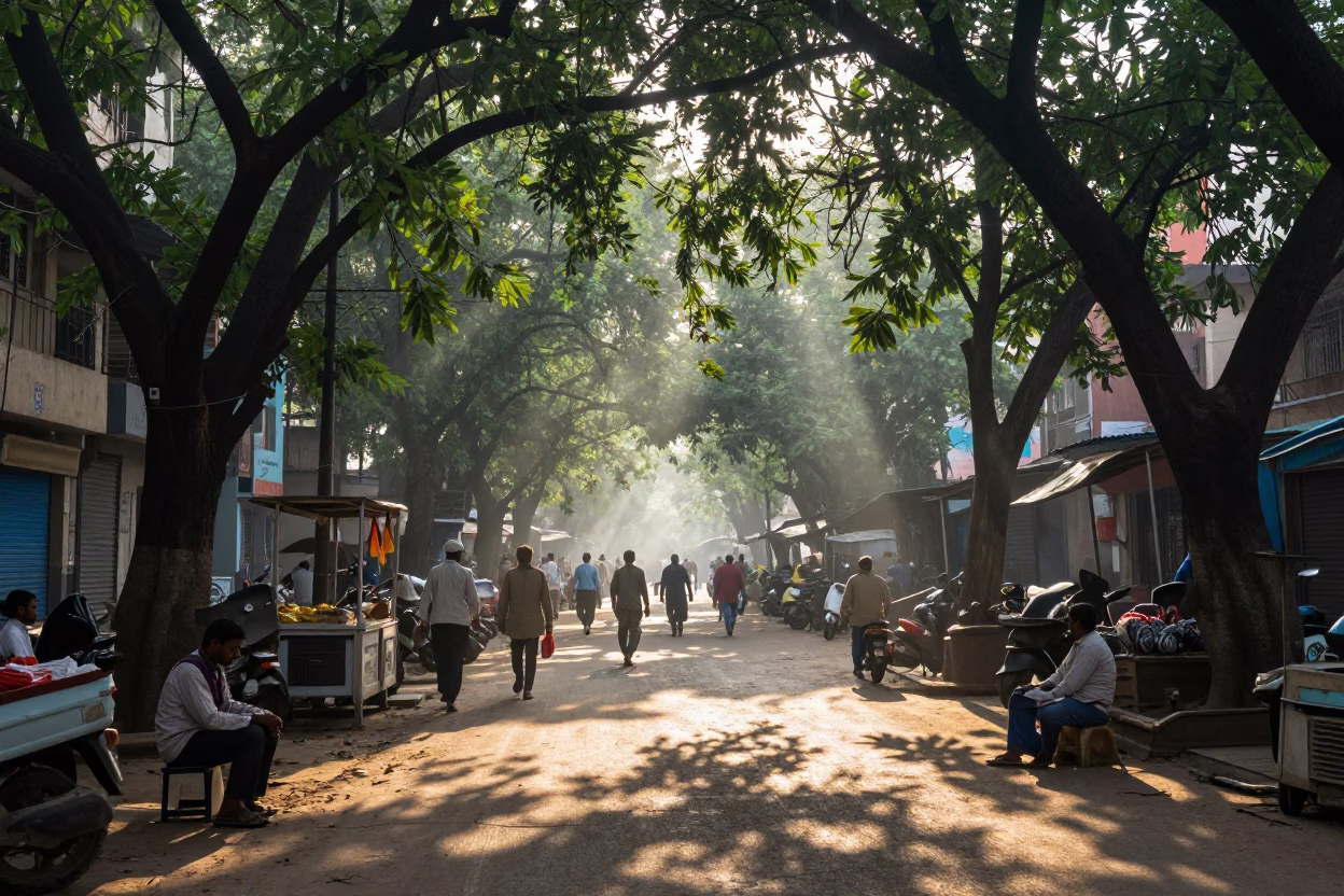 Morning Light on Chandni Chowk Delhi Street with Vintage Radio and Bicycle in in Delhi, India