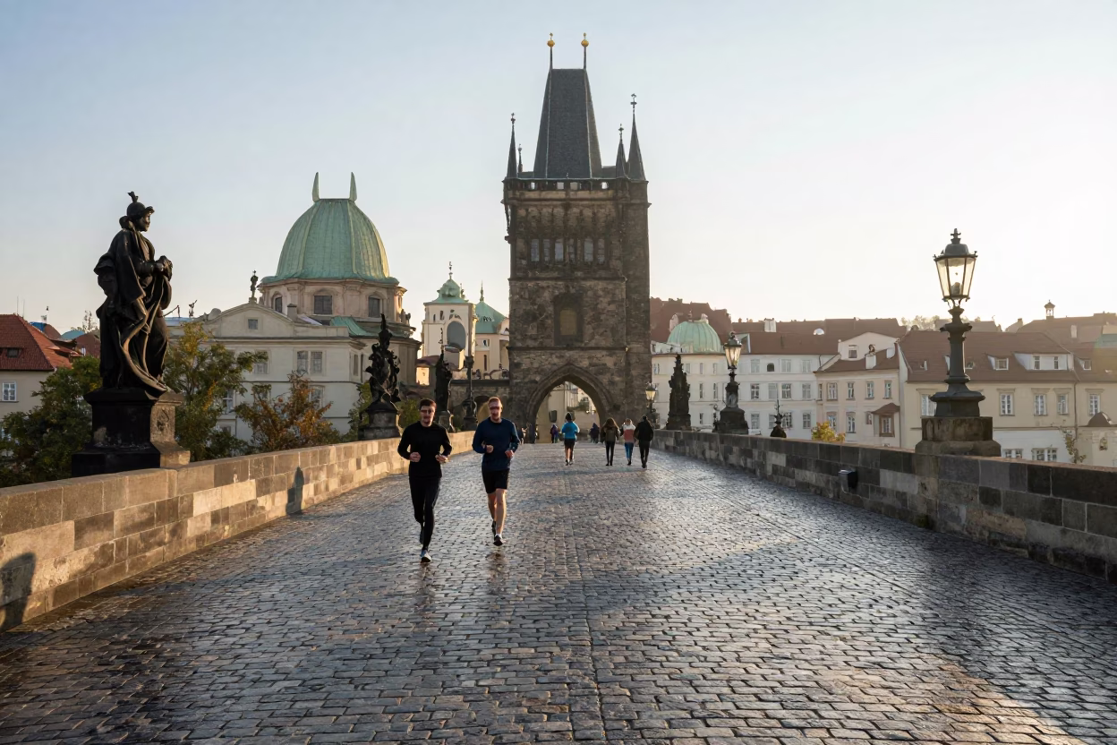 Morning Light on Charles Bridge Prague Cobblestones and Tourists After Sunrise in in Prague, Czech Republic
