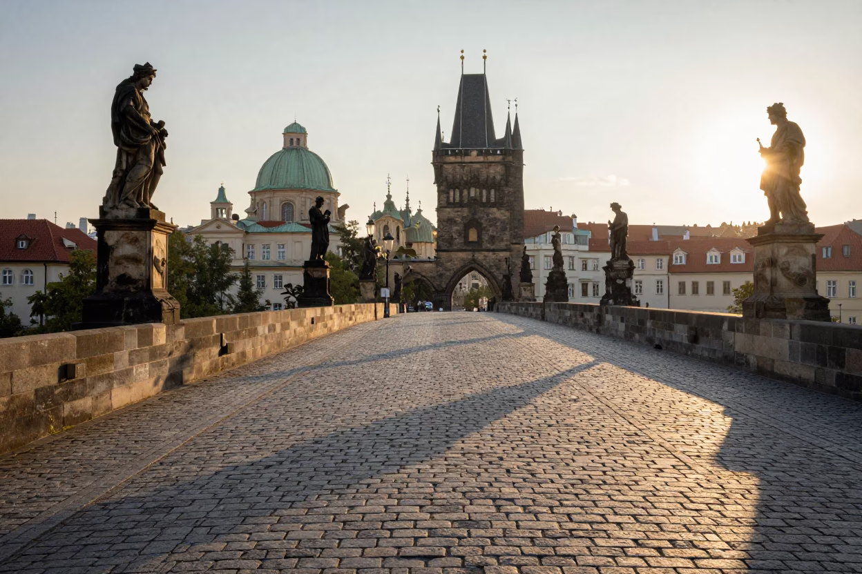Morning light on Charles Bridge Prague cobblestones with historic stone statues and river mist in in Prague, Czech Republic