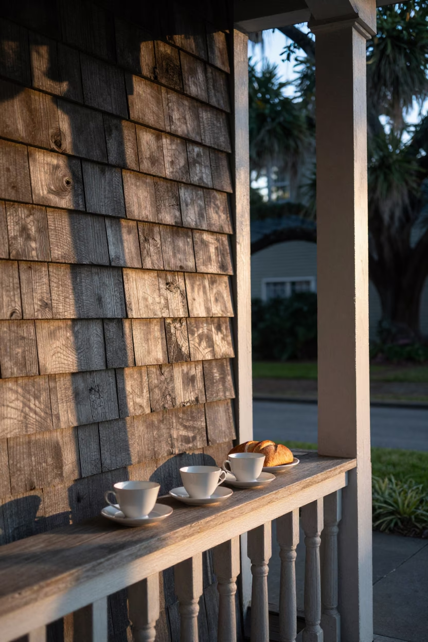 Morning Light on Charleston Porch with Vintage Teacups and Bread in in Charleston, South Carolina, United States