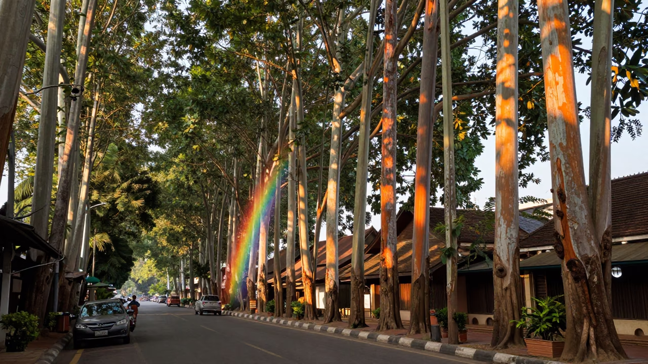 Morning light on Chiang Mai street with rainbow eucalyptus and street food vendor in in Chiang Mai, Thailand
