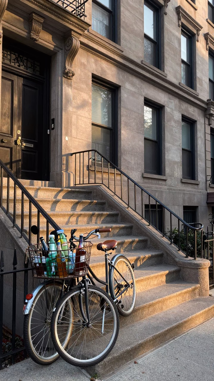 Morning light on Chicago stoop with bicycle basket and glass bottles in in Chicago, Illinois, United States