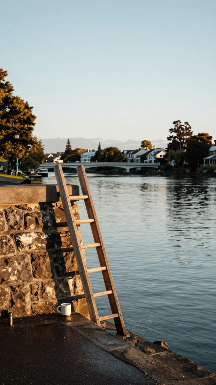 Morning Light on Christchurch Avon River with Wooden Ladder and Ceramic Cup in in Christchurch, New Zealand