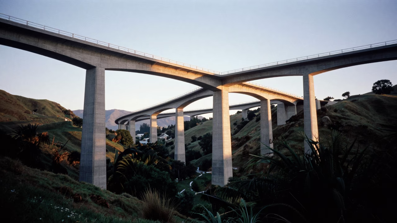 Morning Light on Christchurch Concrete Viaduct Curving Across Valley Floor in in Christchurch, New Zealand