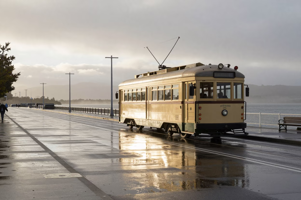 Morning Light on Christchurch Promenade with Heritage Tram and Rain in in Christchurch, New Zealand