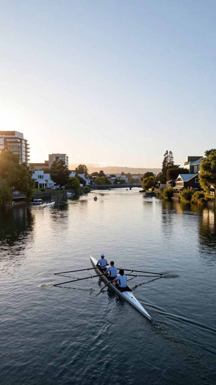 Morning Light on Christchurch River Avon with Boating Activity and Riverside Greenery in in Christchurch, New Zealand