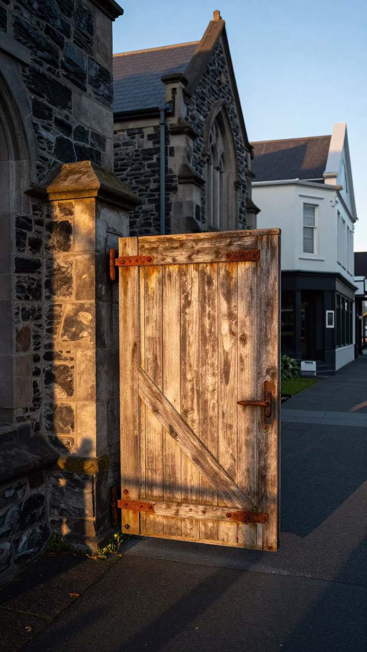 Morning Light on Christchurch Street with Rusty Hinge and Mailbox Detail in in Christchurch, New Zealand