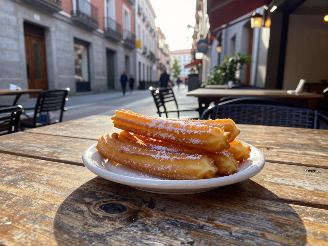 Morning Light on Churros at Madrid Café Terrace First Rays in in Madrid, Spain