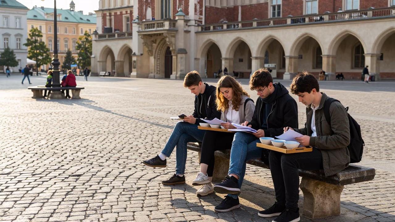 Morning light on cobblestone square with university students and notebooks in Krakow Poland in in Krakow, Poland