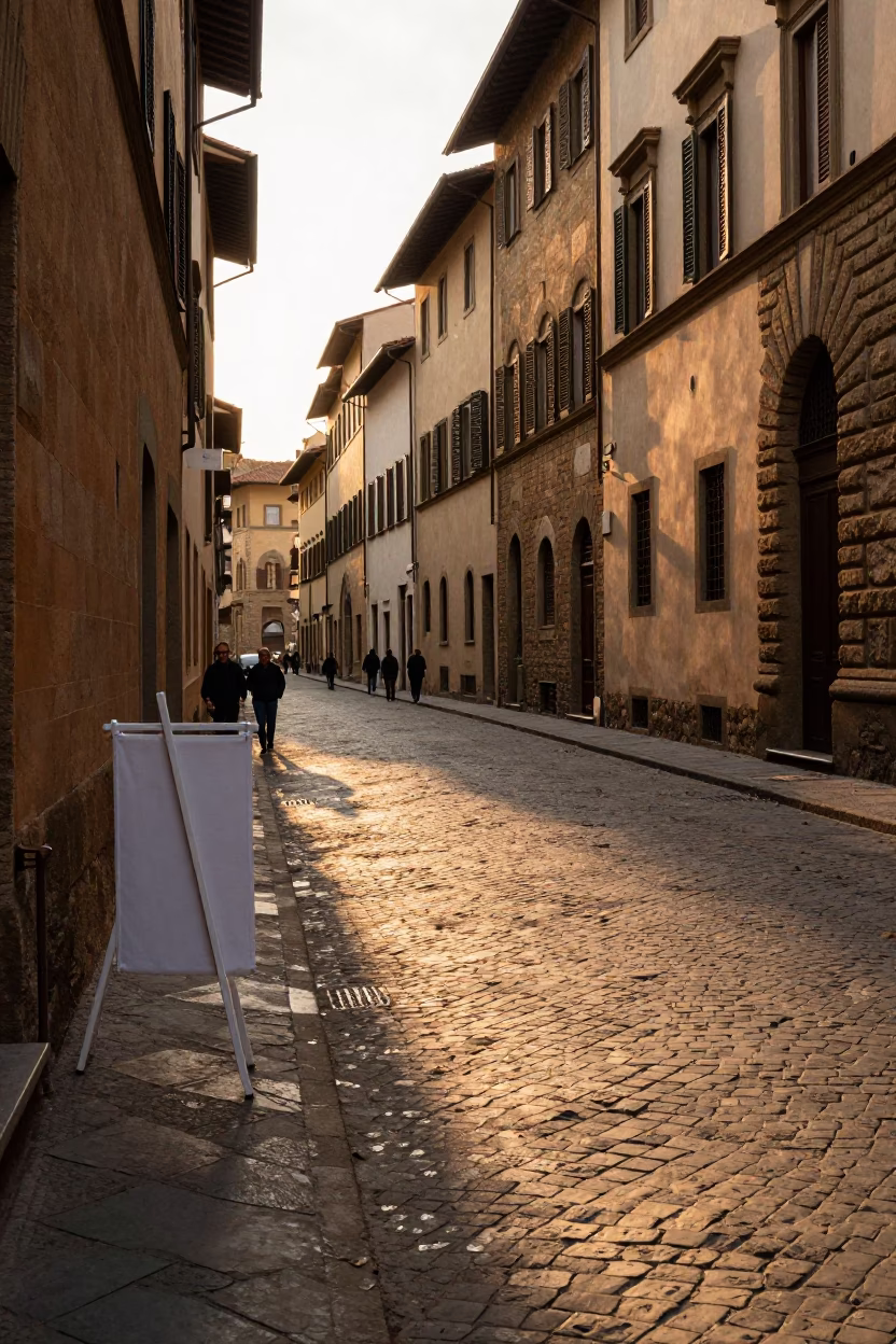 Morning light on cobblestone street in Florence Italy with locals and drying rack in in Florence, Italy