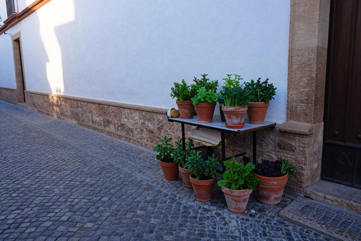 Morning light on cobblestones near Alhambra with potted herbs in in Granada, Spain