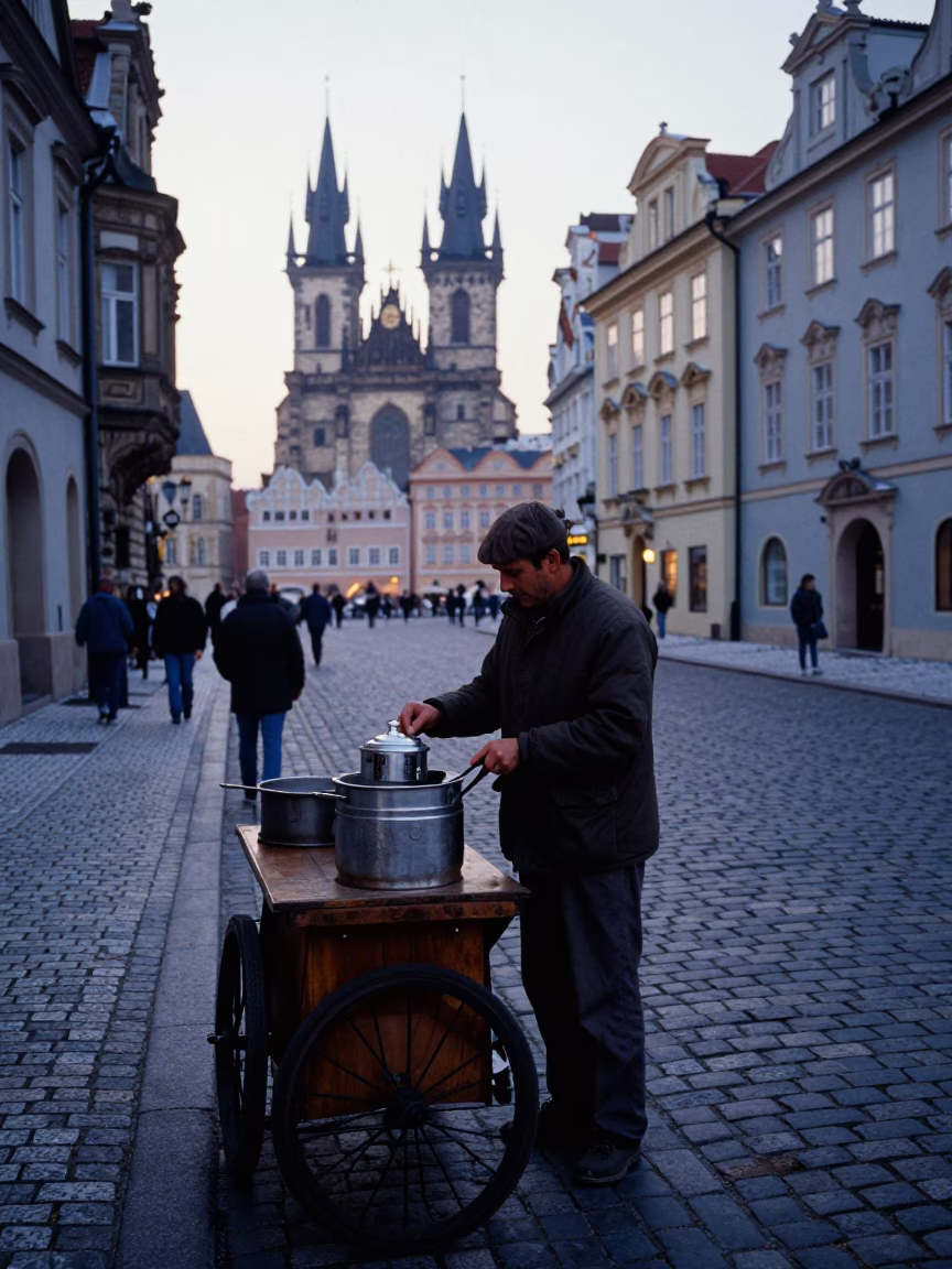 Morning light on cobblestones near Prague old town with street vendor in in Prague, Czech Republic