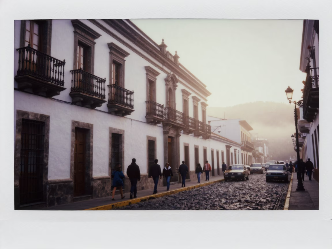Morning Light on Colonial Balconies and Busy Streets in Quito Ecuador in in Quito, Ecuador