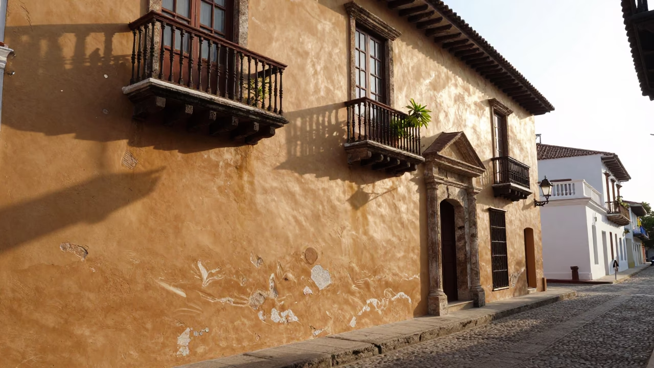 Morning Light on Colonial Balconies in Cartagena Colombia Street Scene in in Cartagena, Colombia