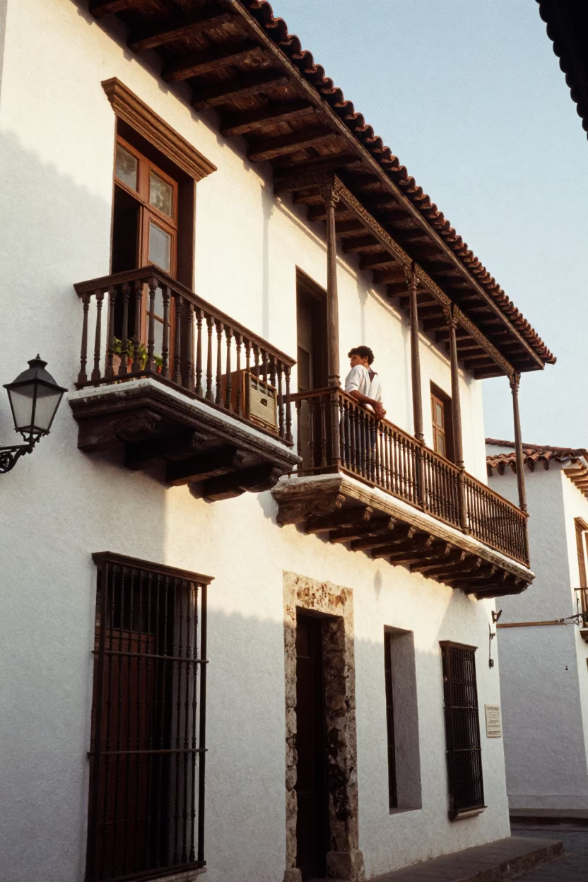Morning Light on Colonial Balconies in Cartagena Colombia with Vintage Radio in in Cartagena, Colombia