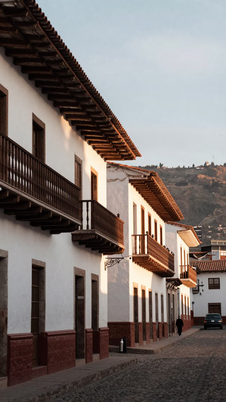 Morning light on colonial balconies in La Paz Bolivia with thermos and street life in in La Paz, Bolivia