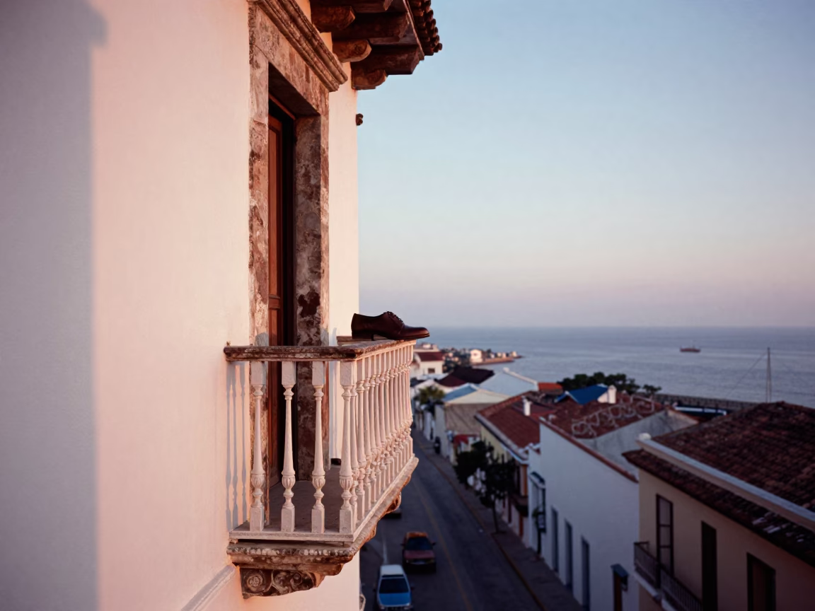 Morning Light on Colonial Cartagena Balcony with Leather Shoe Brush and Scarf in in Cartagena, Colombia