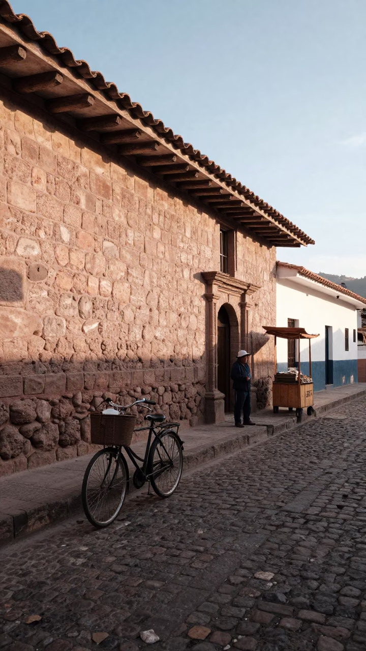 Morning light on colonial Cusco street with bicycle basket and local vendor in in Cusco, Peru