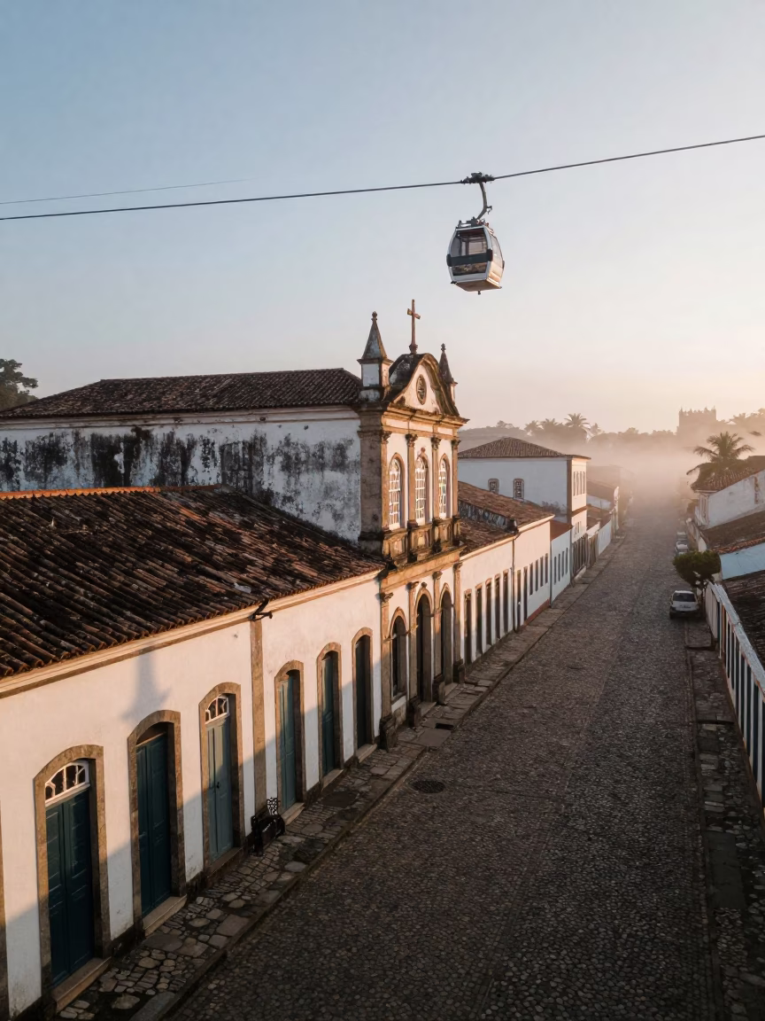 Morning Light on Colonial Facades in Salvador Brazil with Aerial Tramway in in Salvador, Brazil