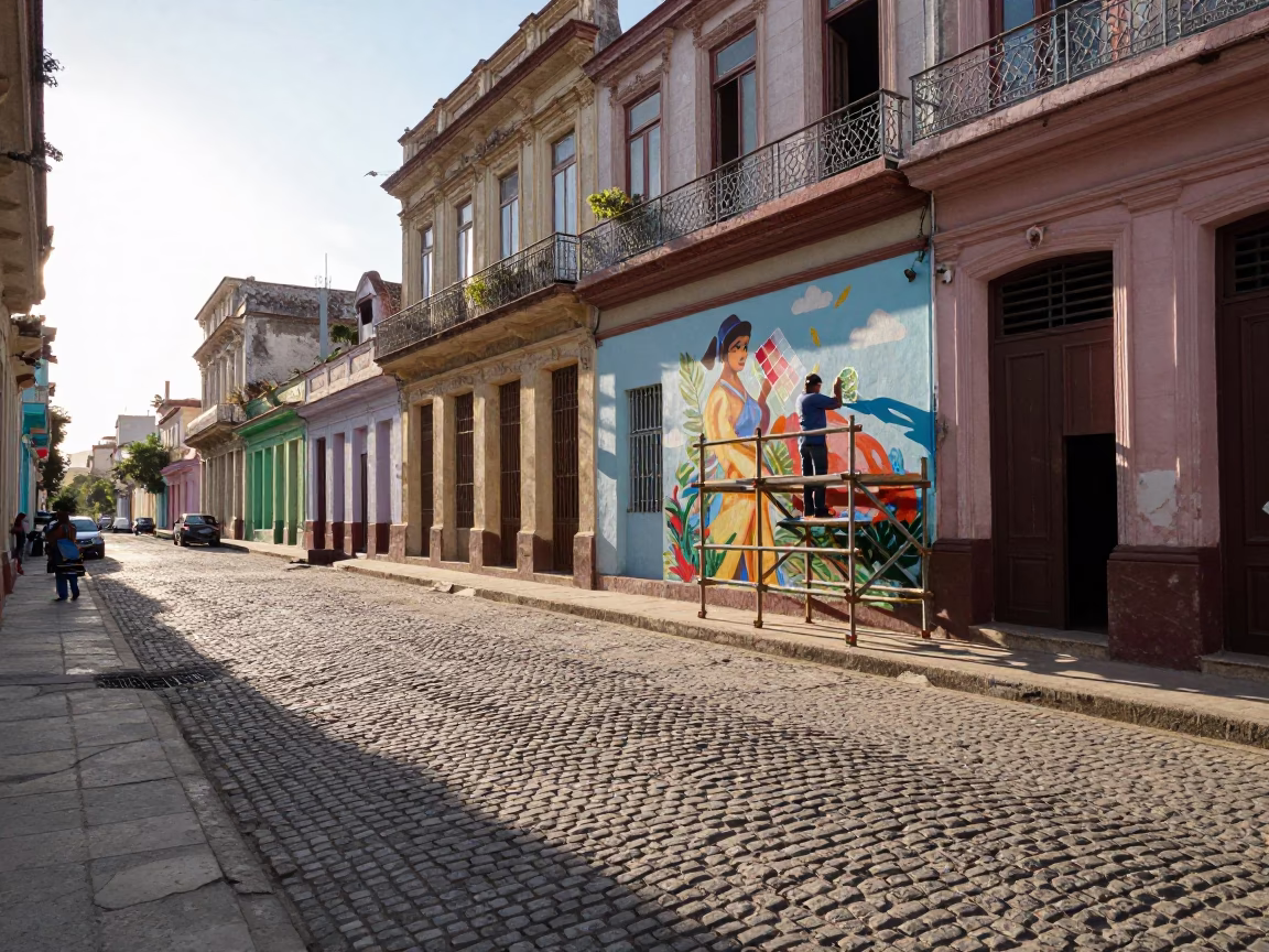 Morning light on colonial Havana street with muralist scaffolding and local life in in Havana, Cuba