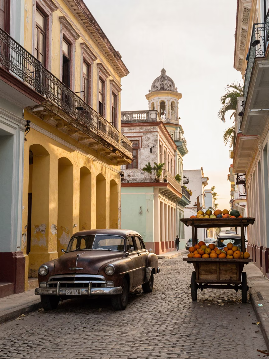 Morning Light on Colonial Havana Street with Vintage Cars and Local Market Activity in in Havana, Cuba