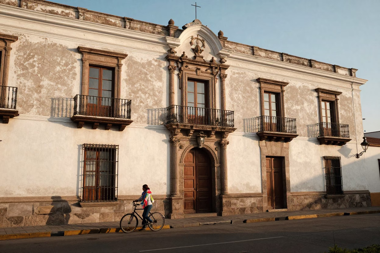 Morning light on colonial Lima streets with scarf and tool caddy in in Lima, Peru