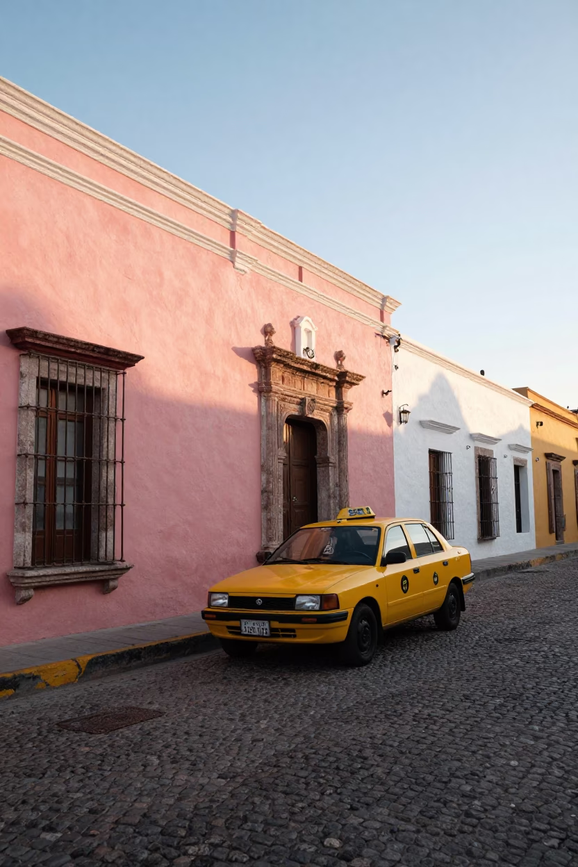 Morning Light on Colonial Merida Street with Yellow Taxi and Folding Stools in in Merida, Mexico