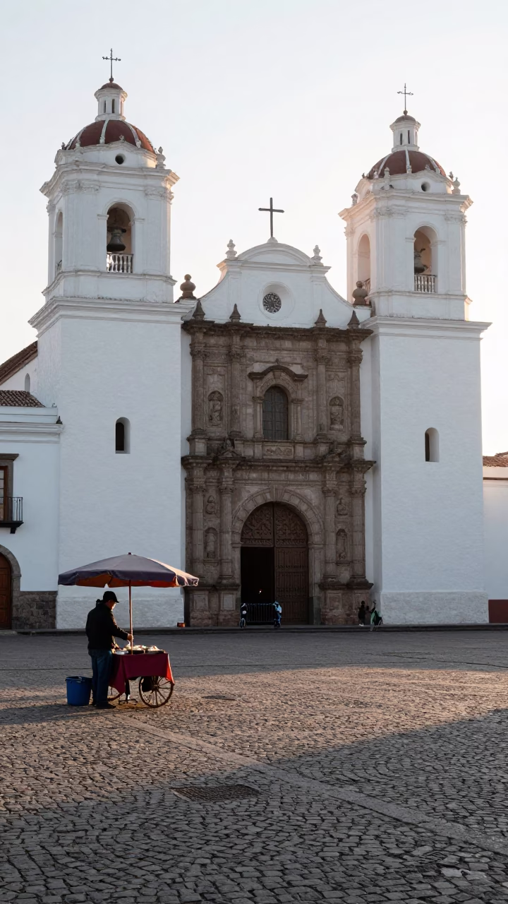Morning light on colonial Quito plaza with street vendor and colorful umbrellas in in Quito, Ecuador