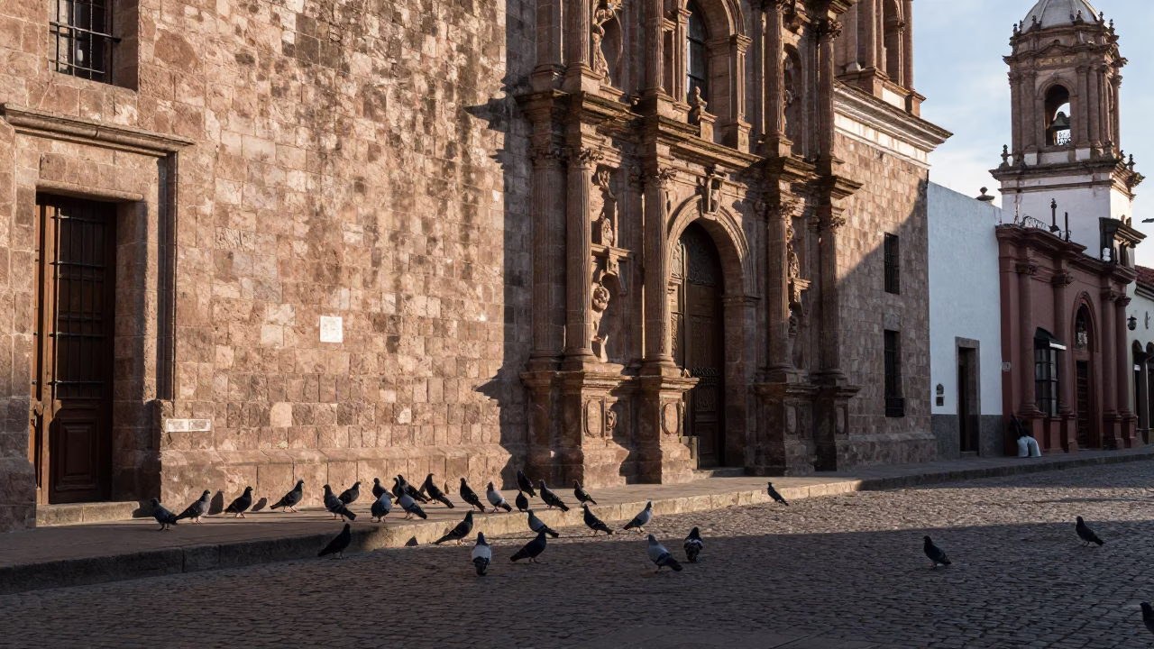 Morning light on colonial Quito streets with pigeons and local architecture in in Quito, Ecuador