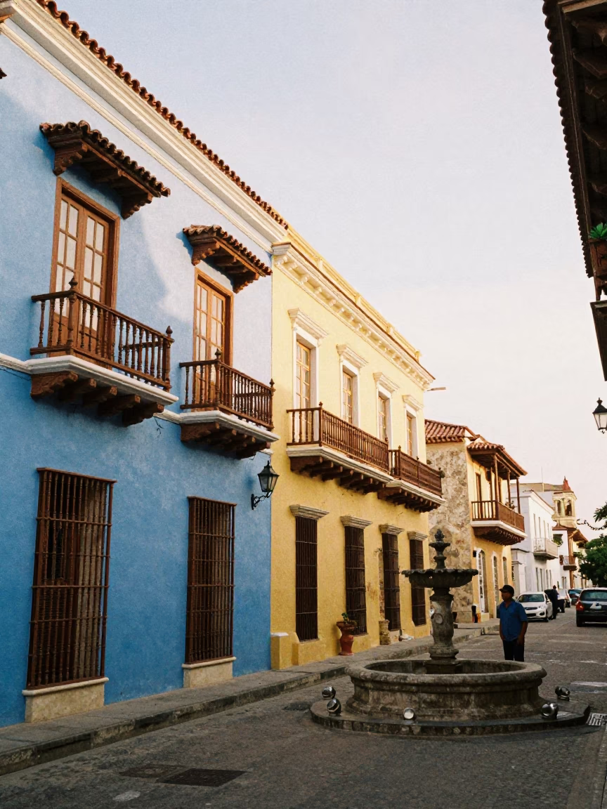 Morning light on colorful colonial balconies in Cartagena Colombia street scene in in Cartagena, Colombia