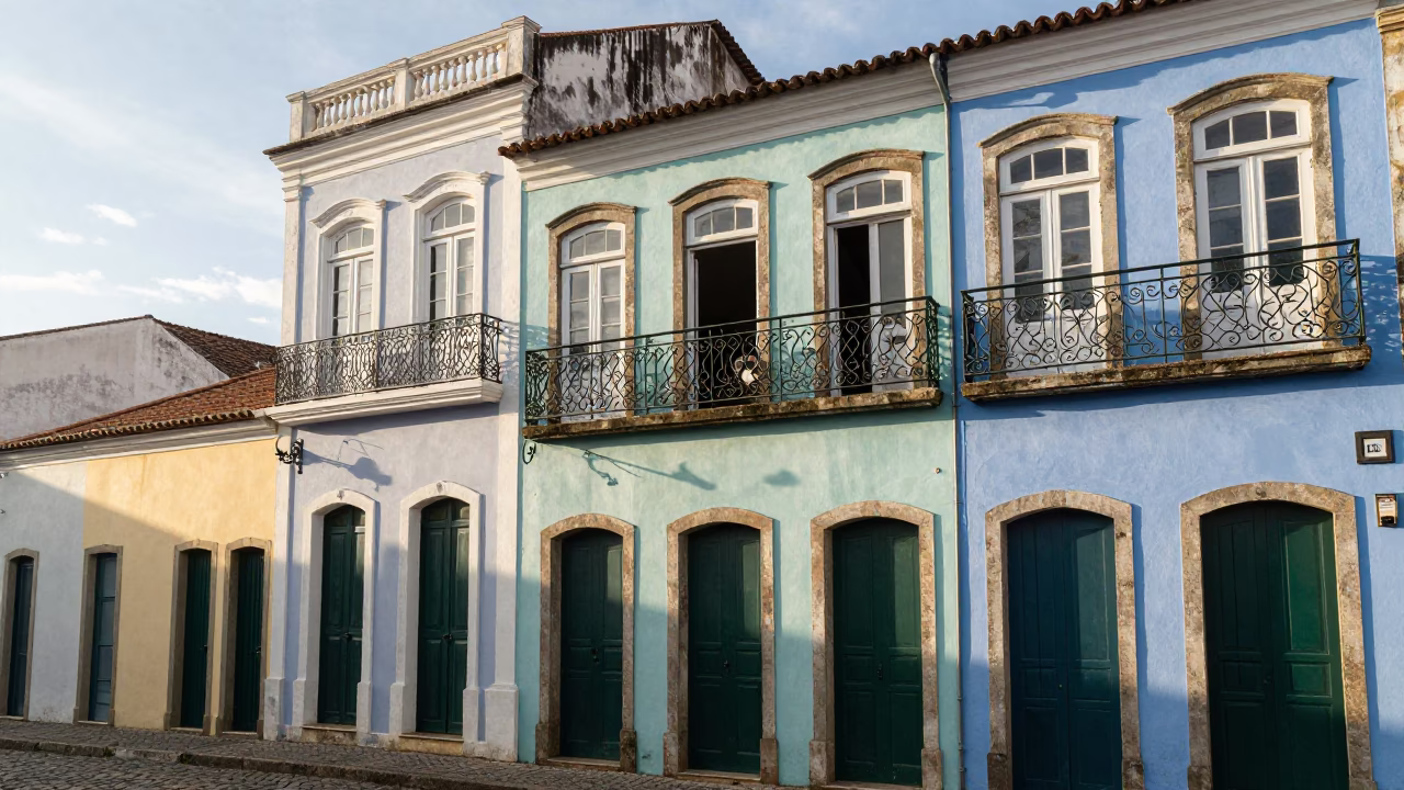 Morning light on colorful colonial facades in historic Pelourinho Salvador Brazil street scene in in Salvador, Brazil